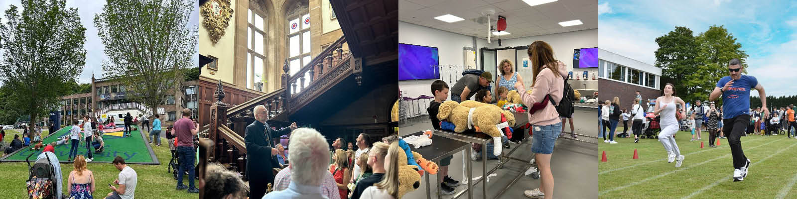 Montage of photos from Keele Day 2024, including: families playing outside the Library; people on a guided tour of Keele Hall; families bandaging soft toys in the Harper and Keele Vet School; and people in a running race on grass outside the Sports Centre