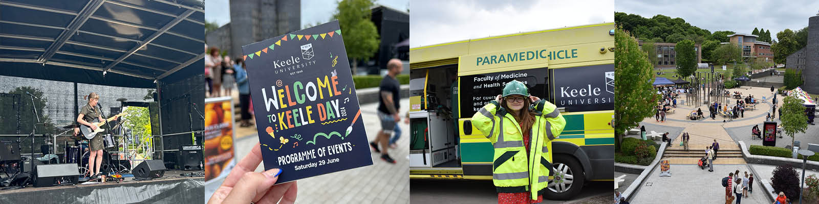 Keele Day 2024 - photo montage showing, Live bands, Keele Day Programme, Keele Ambulance, and a busy campus